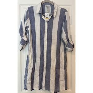 Tommy Bahama NWT Dress MED Blue‎ Rugby Beach Stripe Linen Blend Boyfriend Shirt